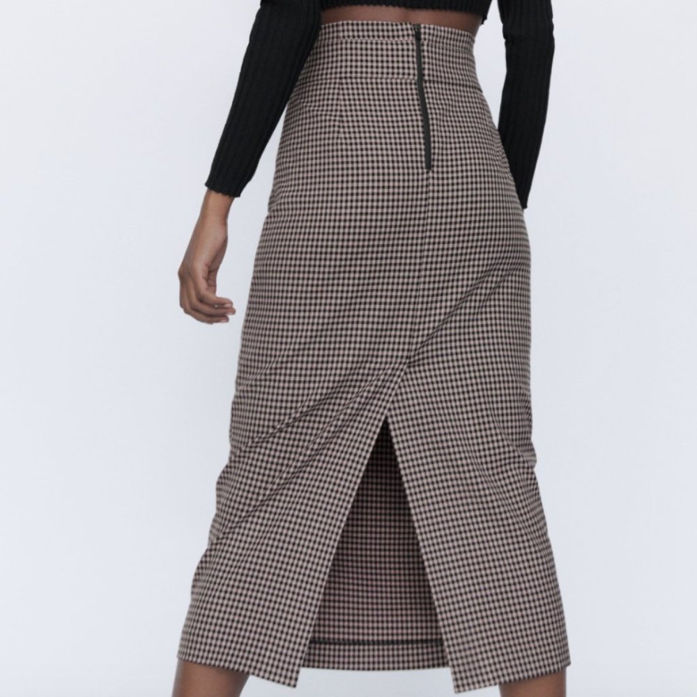 ZARA GINGHAM PLAID STRETCH EXPOSED ZIPPER PENCIL MIDI MAXI SKIRT_7